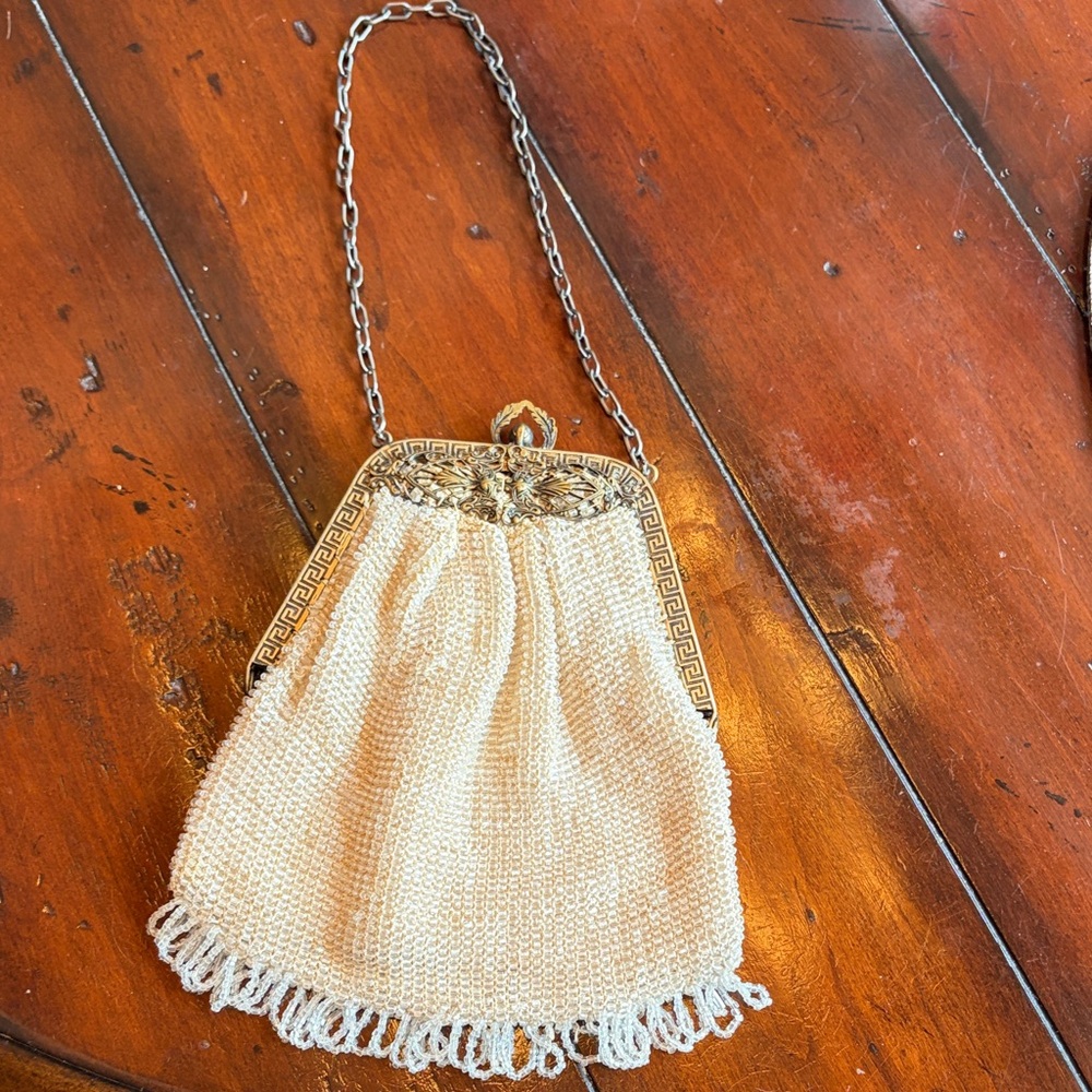 Cream Beaded Evening Wristlet with Decorative Metal Frame